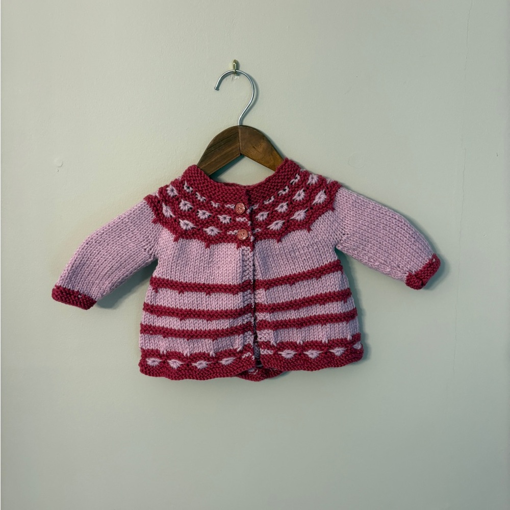 New Hand Knit Pink and Fuchsia Baby Two Button Cardigan